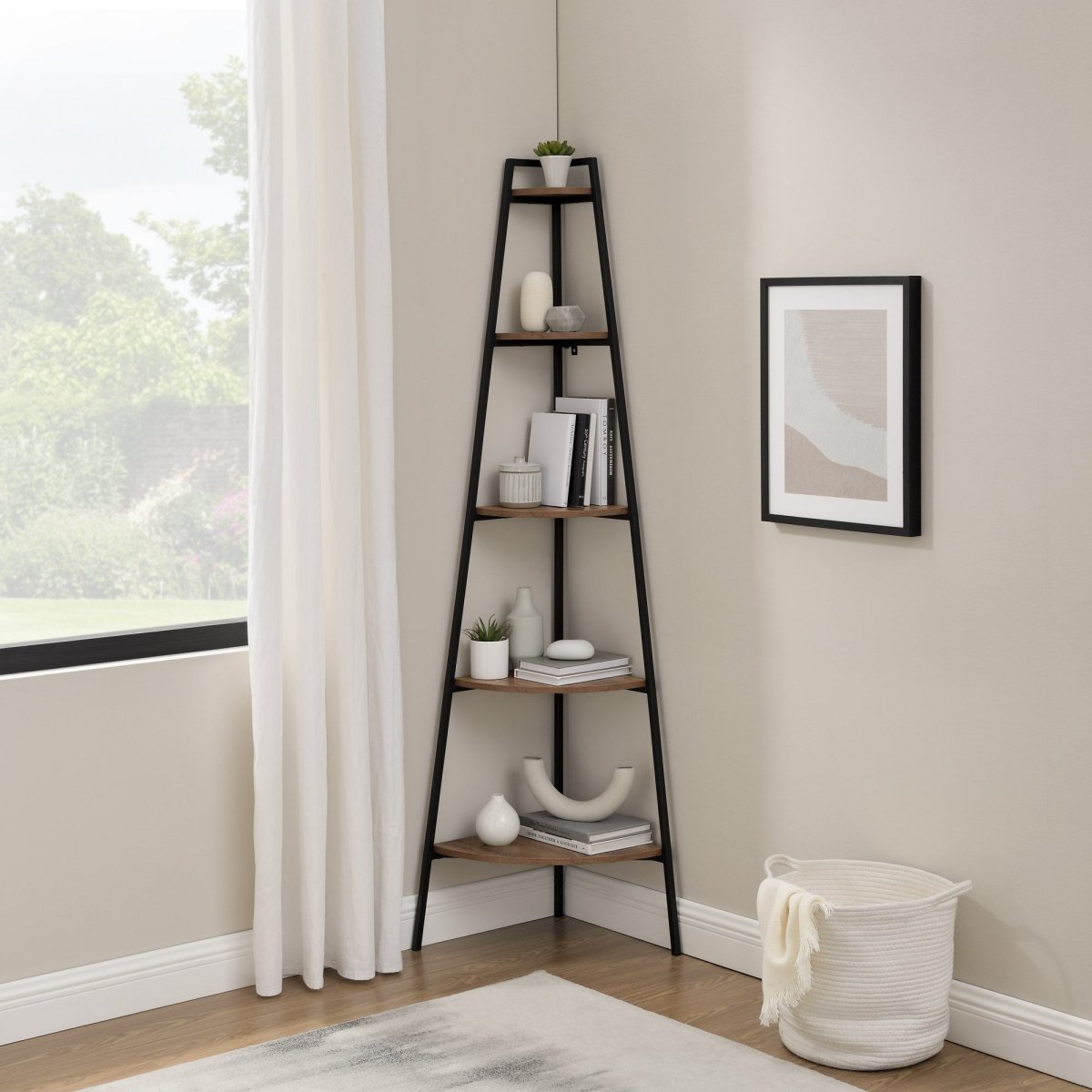 Walker Edison Arlo 72" Metal and Wood Corner Bookshelf - lily & onyx