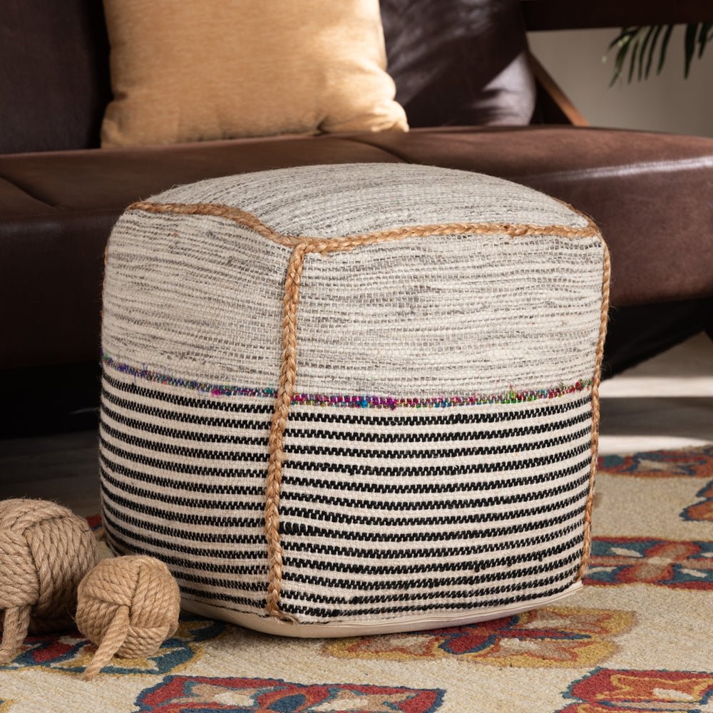 Baxton Studio Arta Modern And Contemporary Bohemian Multi Colored Handwoven Wool Blend Pouf Ottoman - lily & onyx