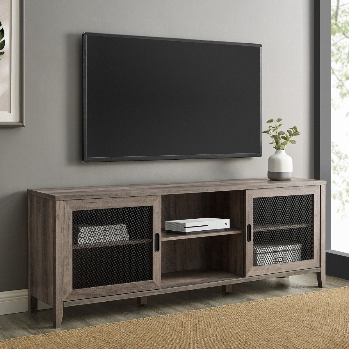 Walker Edison Arthur Industrial TV Stand with Sliding Mesh Door - lily & onyx