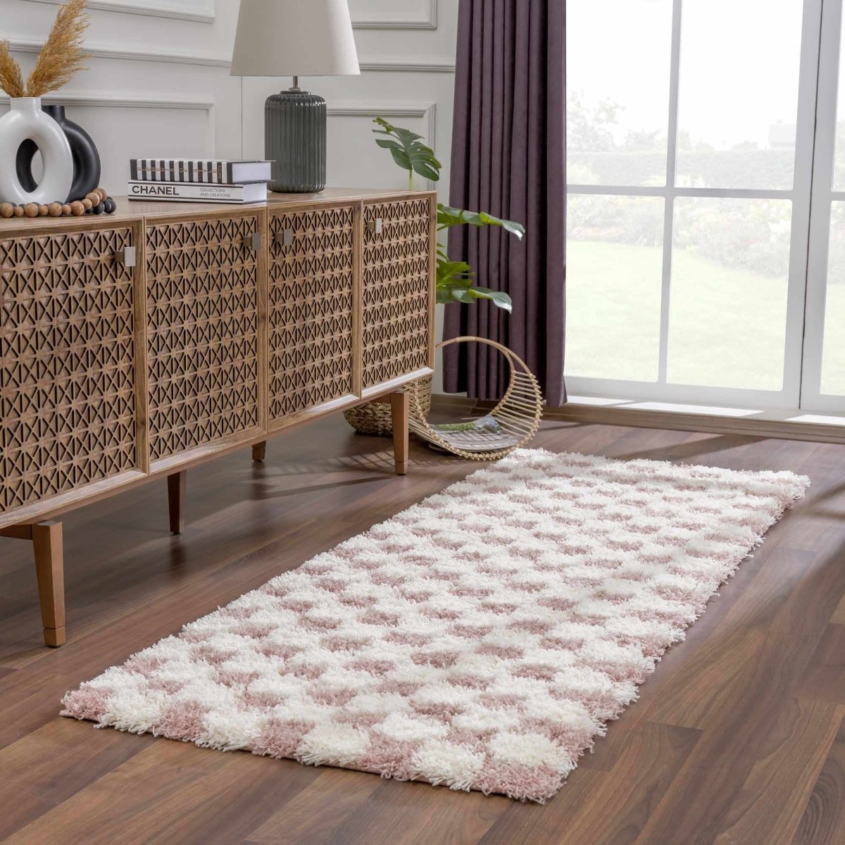 Load image into Gallery viewer, Hauteloom Atira Pink Checkered Area Rug - lily &amp;amp; onyx
