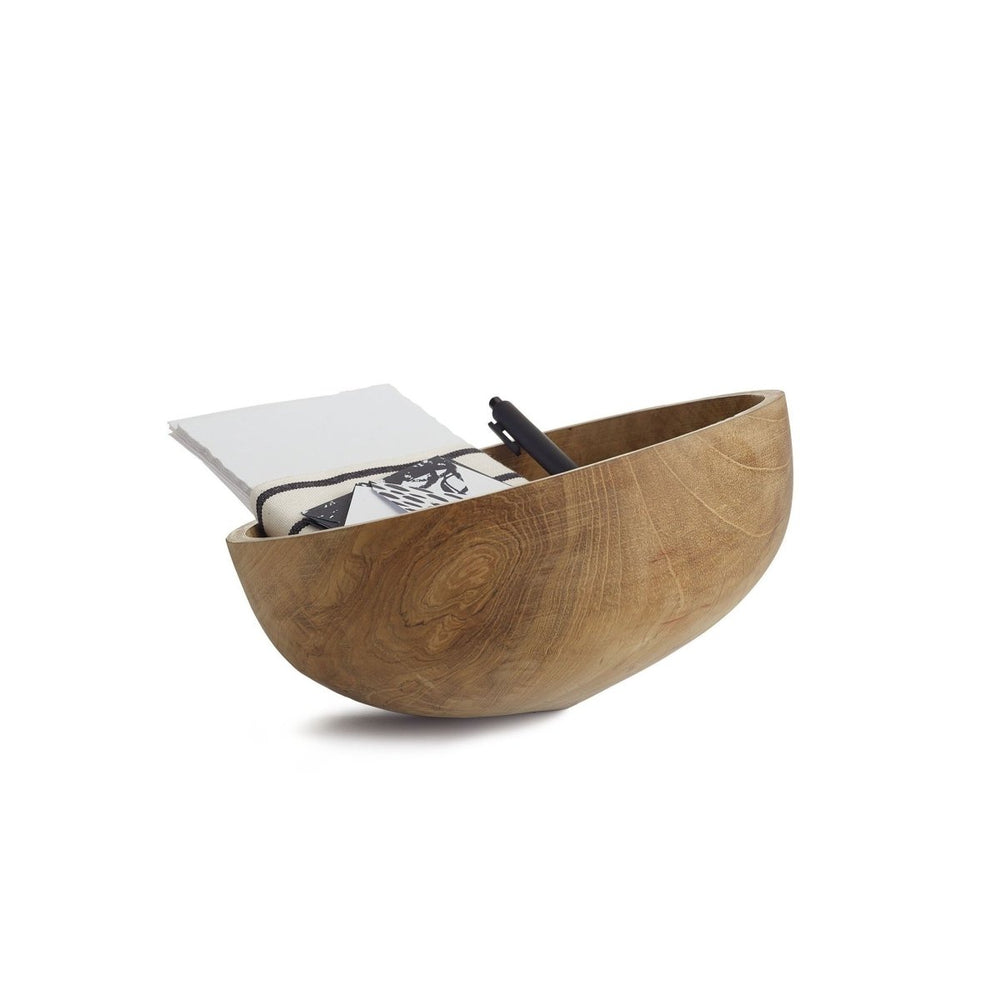 Axis Decorative Teak Bowl with papers and pen inside against white background