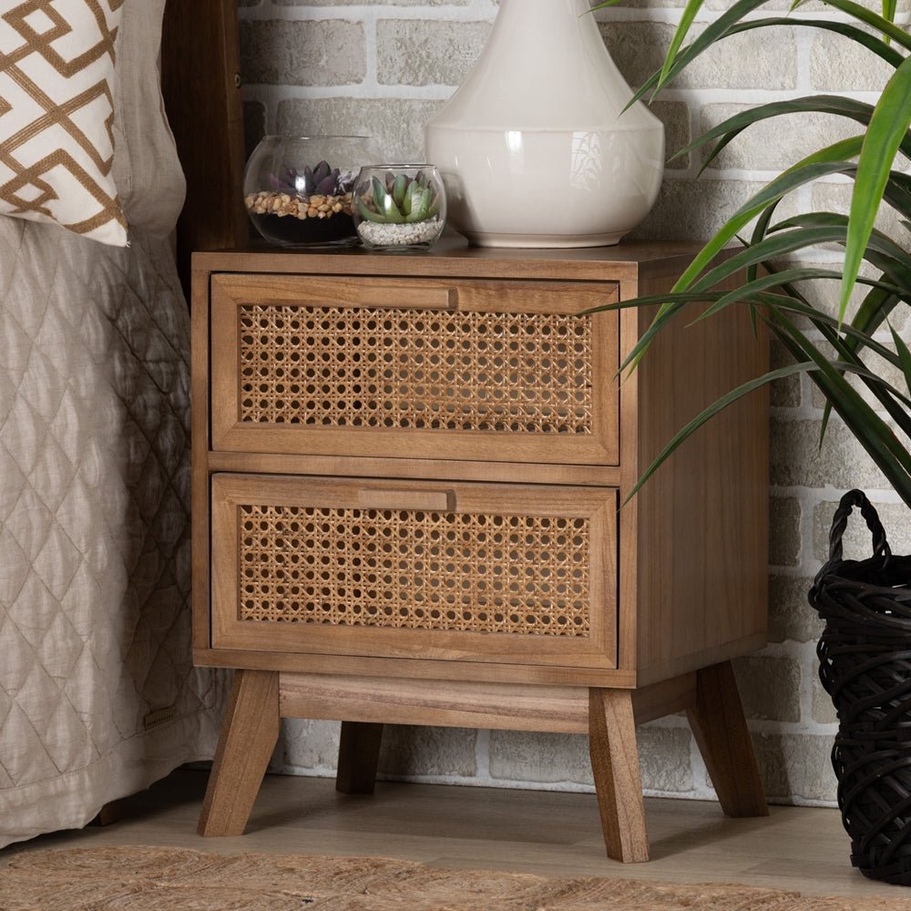 Baxton Studio Baden Mid Century Modern Walnut Brown Finished Wood 2 Drawer Nightstand With Rattan - lily & onyx