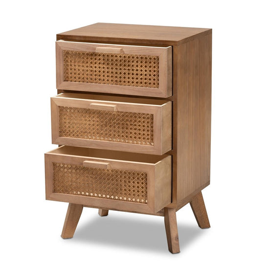 Baxton Studio Baden Mid Century Modern Walnut Brown Finished Wood 3 Drawer Nightstand With Rattan - lily & onyx
