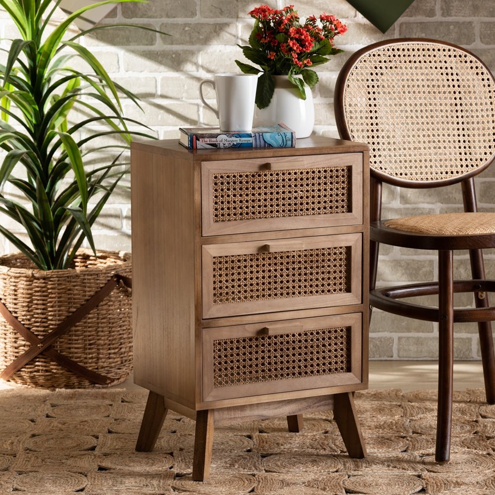 Baxton Studio Baden Mid Century Modern Walnut Brown Finished Wood 3 Drawer Nightstand With Rattan - lily & onyx