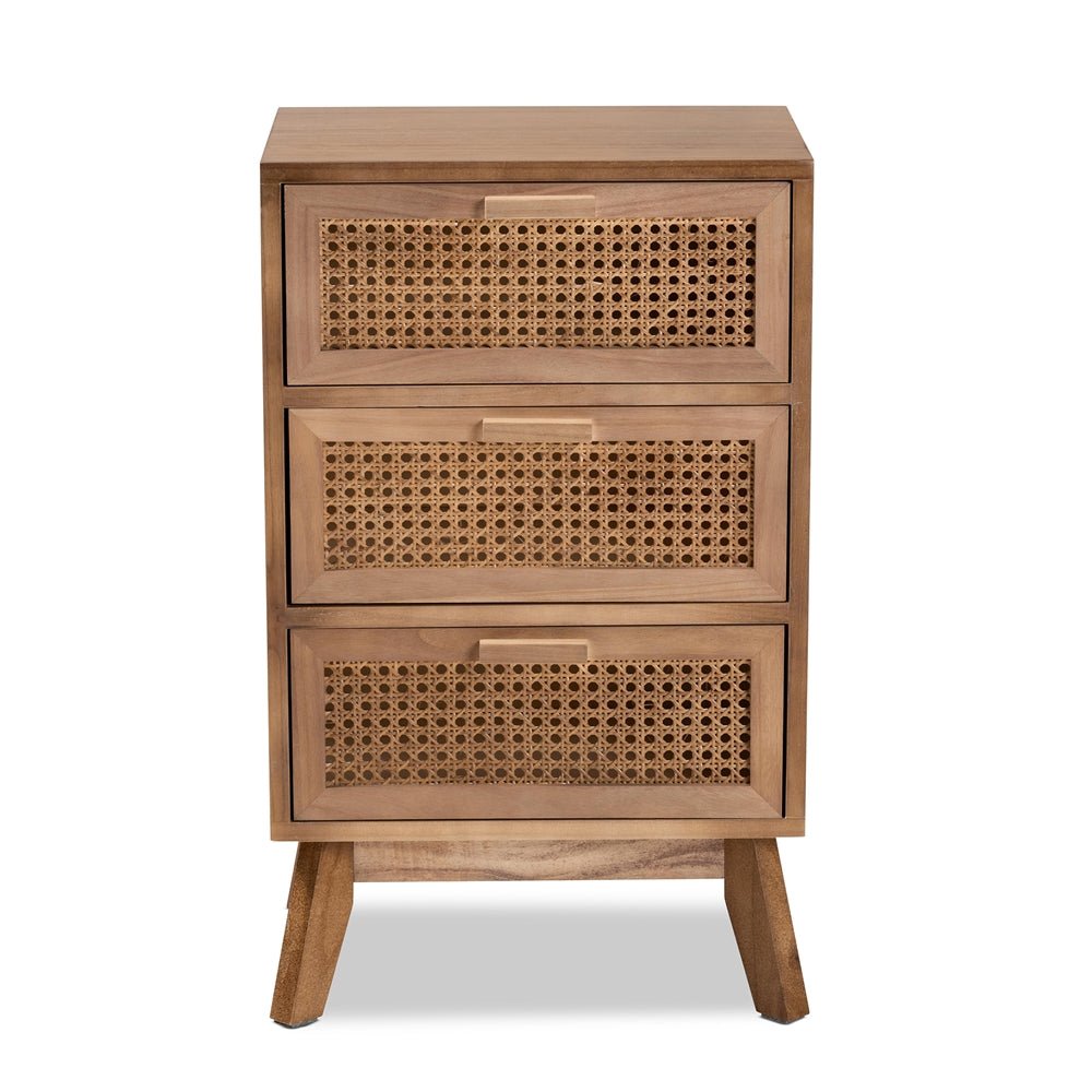 Baxton Studio Baden Mid Century Modern Walnut Brown Finished Wood 3 Drawer Nightstand With Rattan - lily & onyx