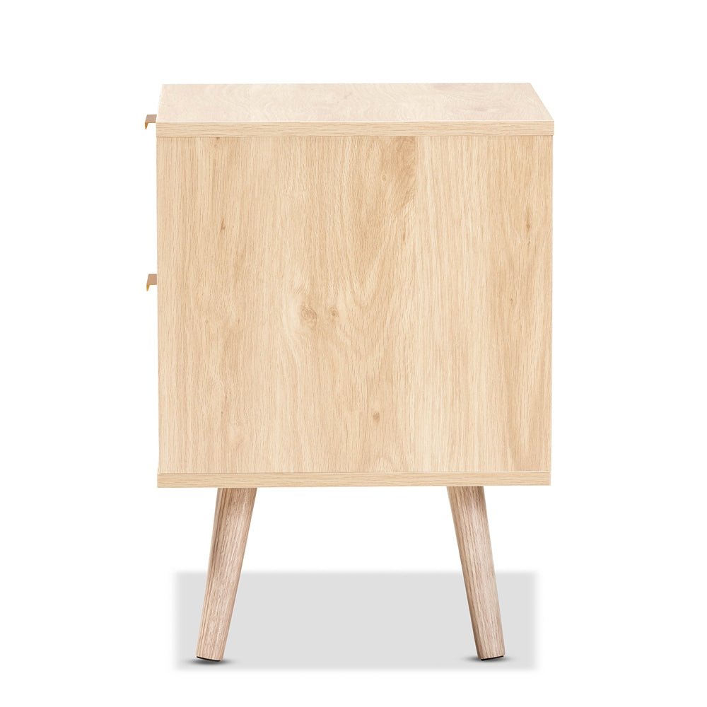 
                      
                        Baxton Studio Baird Mid Century Modern Light Oak Brown Finished Wood And Rattan 2 Drawer Nightstand - lily & onyx
                      
                    