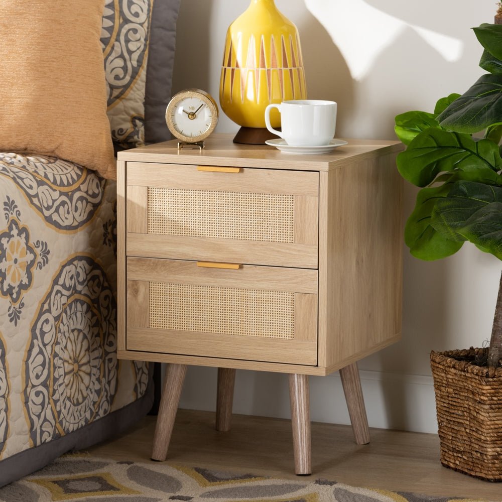 Baxton Studio Baird Mid Century Modern Light Oak Brown Finished Wood And Rattan 2 Drawer Nightstand - lily & onyx