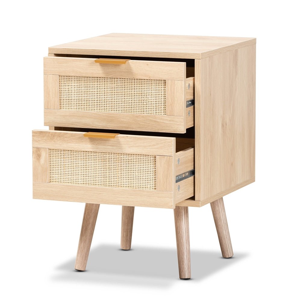 
                      
                        Baxton Studio Baird Mid Century Modern Light Oak Brown Finished Wood And Rattan 2 Drawer Nightstand - lily & onyx
                      
                    