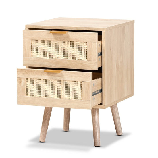 Baxton Studio Baird Mid Century Modern Light Oak Brown Finished Wood And Rattan 2 Drawer Nightstand - lily & onyx