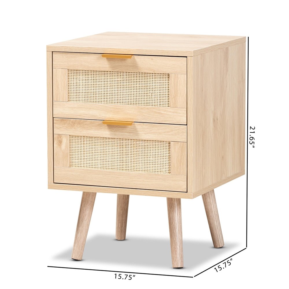 Baxton Studio Baird Mid Century Modern Light Oak Brown Finished Wood And Rattan 2 Drawer Nightstand - lily & onyx