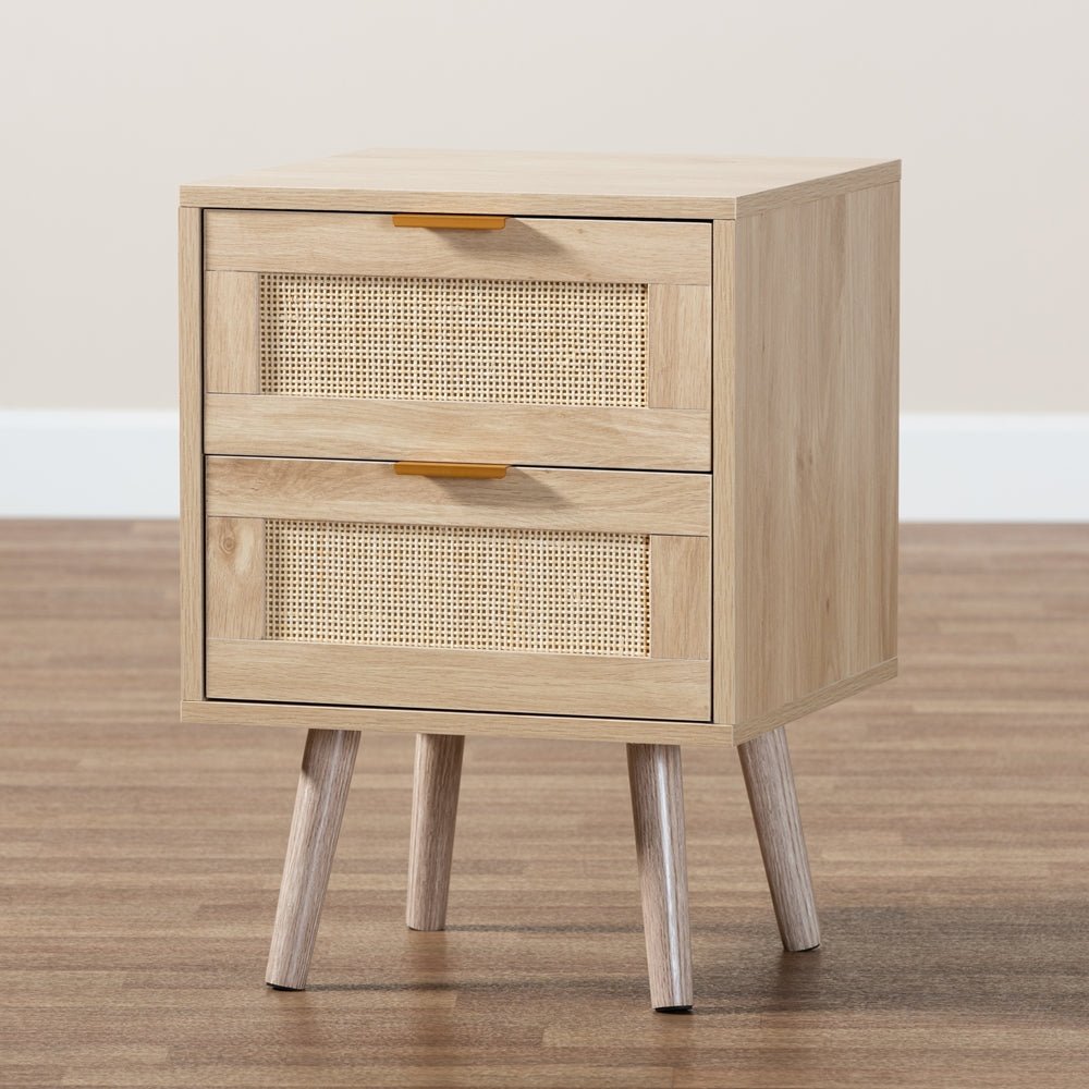 
                      
                        Baxton Studio Baird Mid Century Modern Light Oak Brown Finished Wood And Rattan 2 Drawer Nightstand - lily & onyx
                      
                    