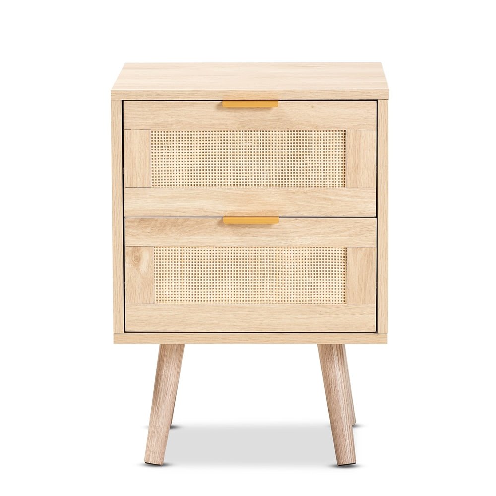 Baxton Studio Baird Mid Century Modern Light Oak Brown Finished Wood And Rattan 2 Drawer Nightstand - lily & onyx