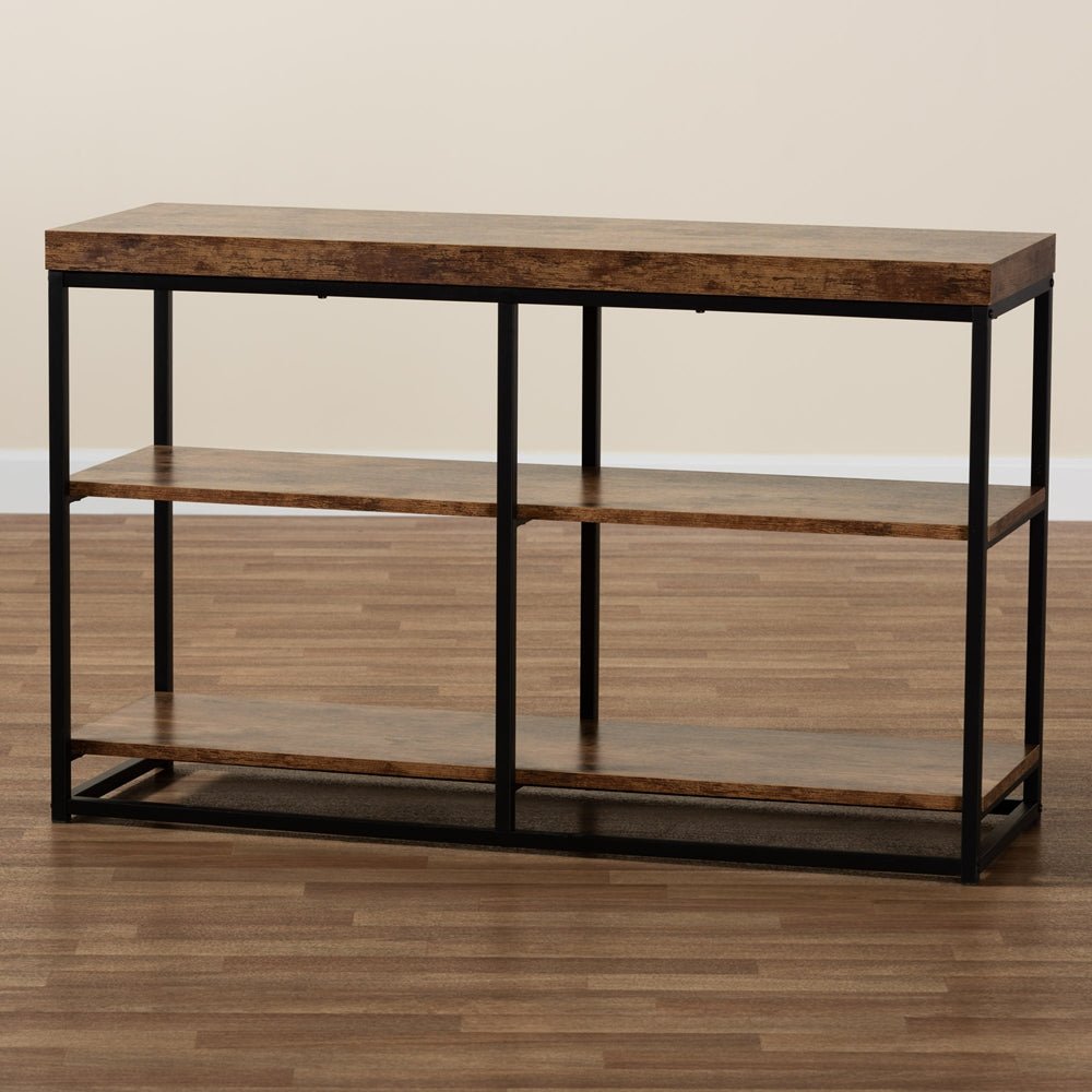 Baxton Studio Bardot Modern Industrial Walnut Brown Finished Wood And Black Metal 3 Tier Console Table - lily & onyx