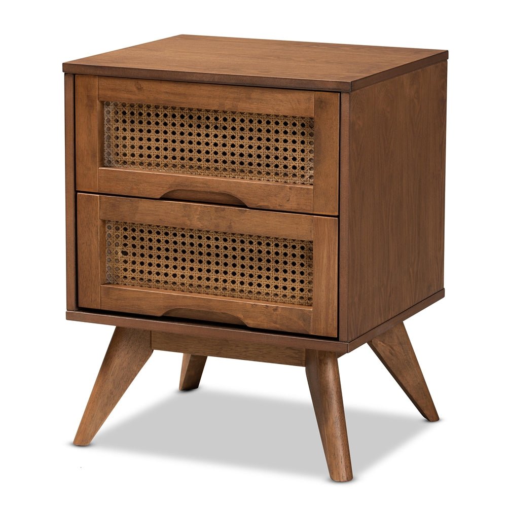 Baxton Studio Barrett Mid Century Modern Walnut Brown Finished Wood And Synthetic Rattan 2 Drawer Nightstand - lily & onyx