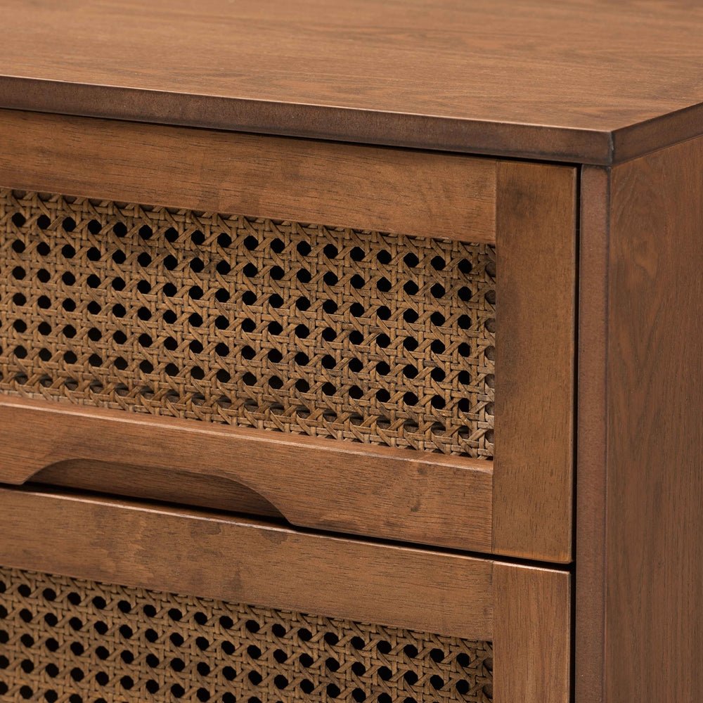 
                      
                        Baxton Studio Barrett Mid Century Modern Walnut Brown Finished Wood And Synthetic Rattan 2 Drawer Nightstand - lily & onyx
                      
                    