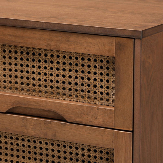 Baxton Studio Barrett Mid Century Modern Walnut Brown Finished Wood And Synthetic Rattan 2 Drawer Nightstand - lily & onyx