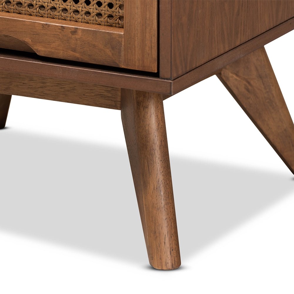 Baxton Studio Barrett Mid Century Modern Walnut Brown Finished Wood And Synthetic Rattan 2 Drawer Nightstand - lily & onyx