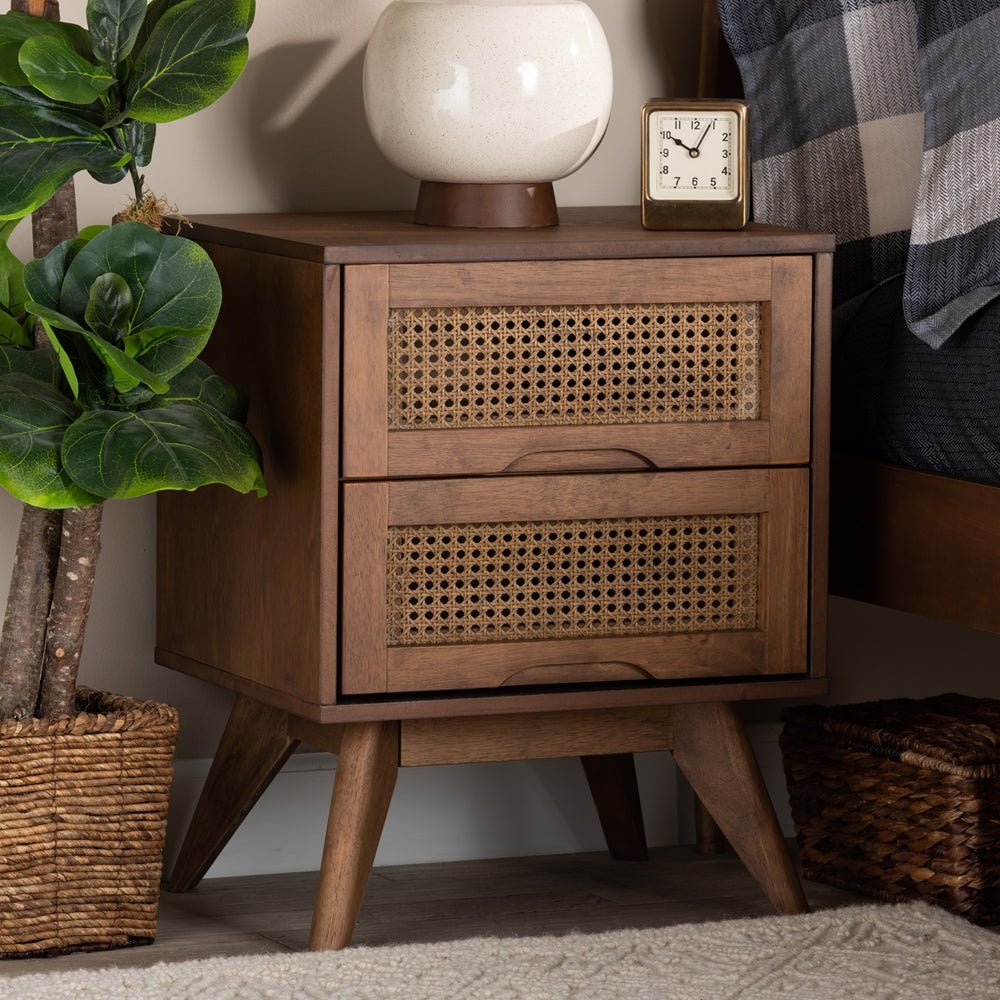 Baxton Studio Barrett Mid Century Modern Walnut Brown Finished Wood And Synthetic Rattan 2 Drawer Nightstand - lily & onyx