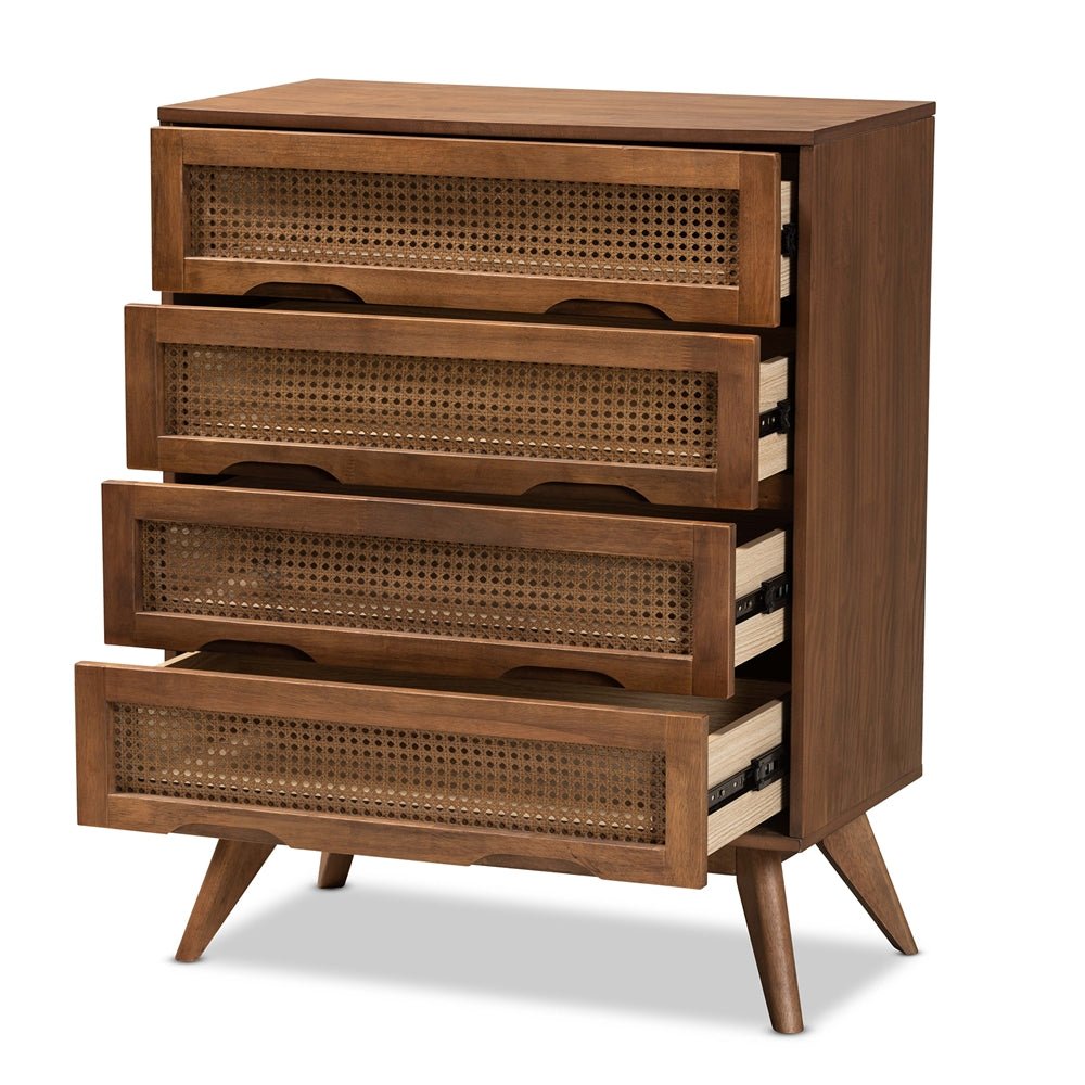 
                      
                        Baxton Studio Barrett Mid Century Modern Walnut Brown Finished Wood And Synthetic Rattan 4 Drawer Chest - lily & onyx
                      
                    