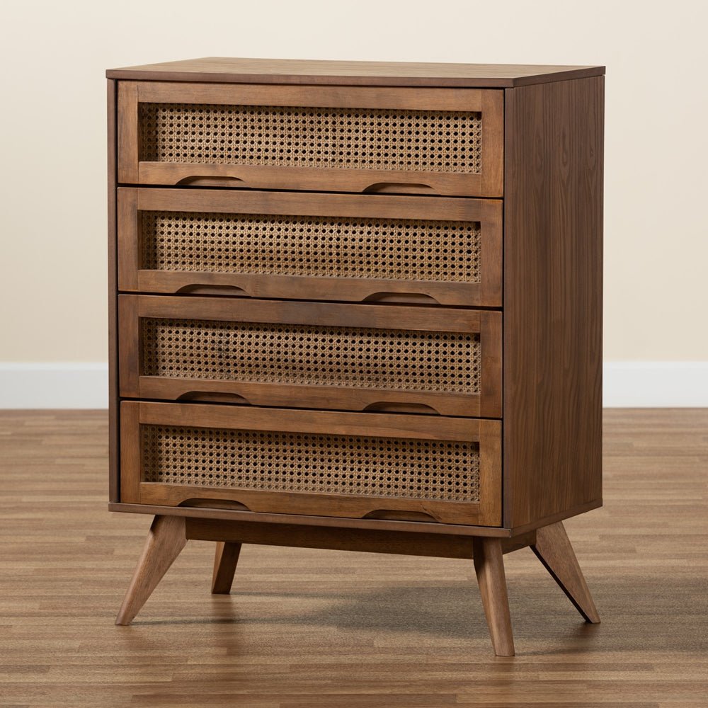 
                      
                        Baxton Studio Barrett Mid Century Modern Walnut Brown Finished Wood And Synthetic Rattan 4 Drawer Chest - lily & onyx
                      
                    