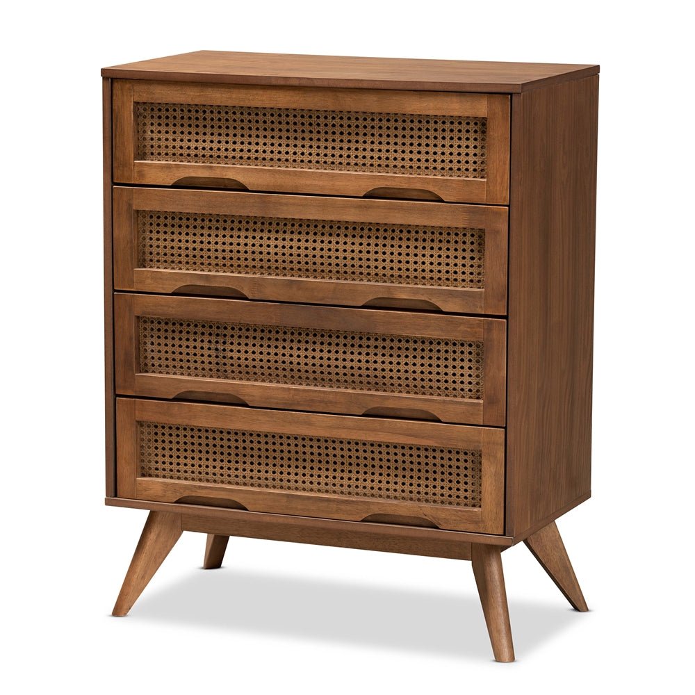 
                      
                        Baxton Studio Barrett Mid Century Modern Walnut Brown Finished Wood And Synthetic Rattan 4 Drawer Chest - lily & onyx
                      
                    
