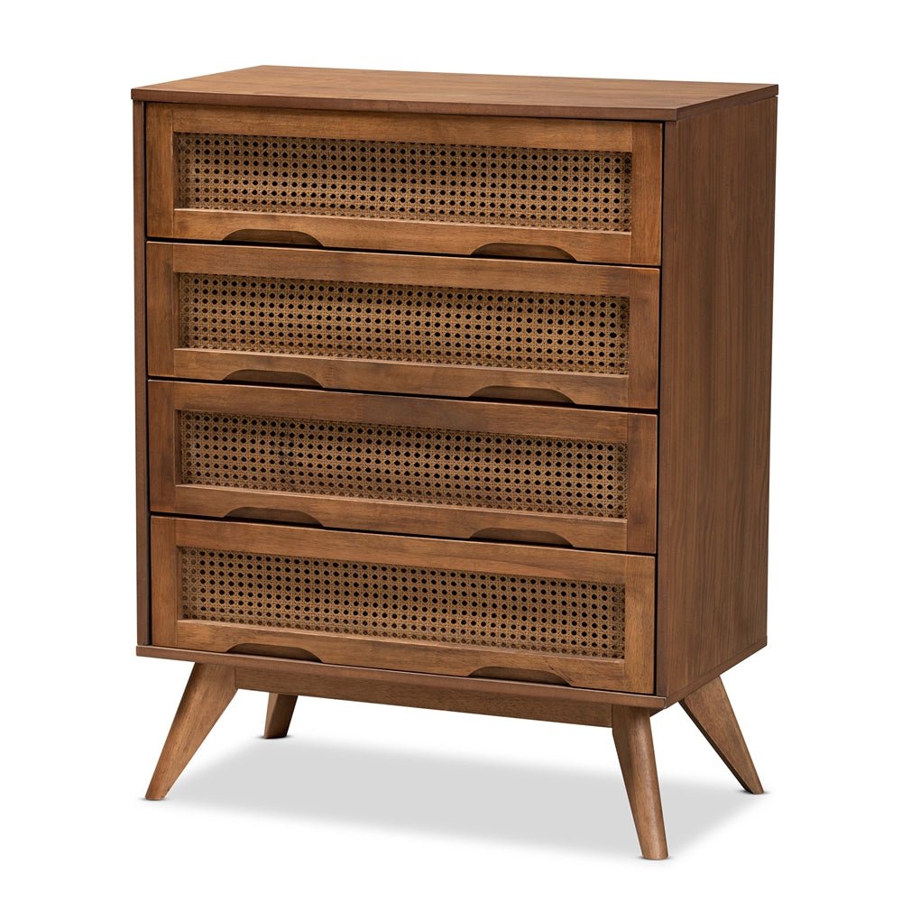 Baxton Studio Barrett Mid Century Modern Walnut Brown Finished Wood And Synthetic Rattan 4 Drawer Chest - lily & onyx