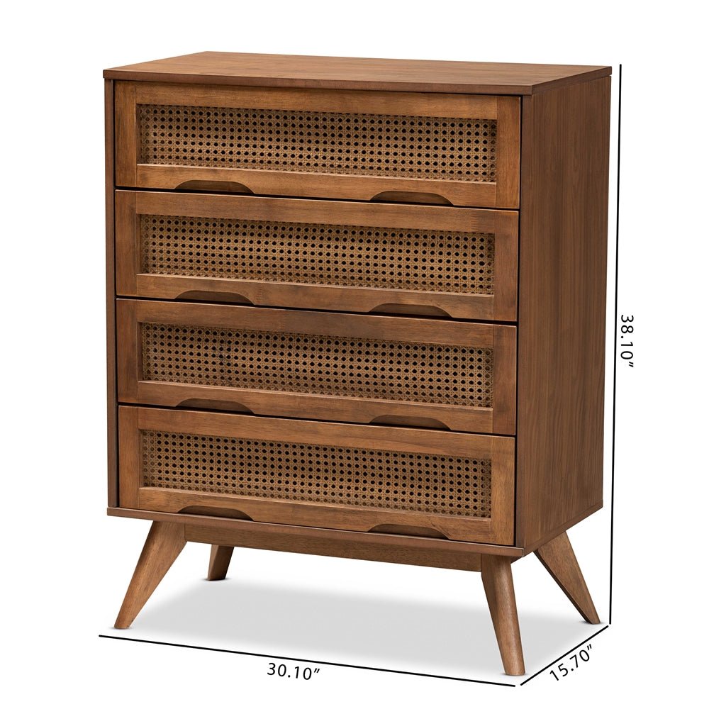 
                      
                        Baxton Studio Barrett Mid Century Modern Walnut Brown Finished Wood And Synthetic Rattan 4 Drawer Chest - lily & onyx
                      
                    