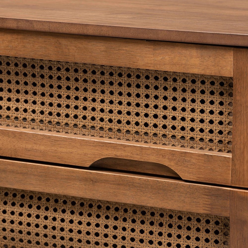 
                      
                        Baxton Studio Barrett Mid Century Modern Walnut Brown Finished Wood And Synthetic Rattan 4 Drawer Chest - lily & onyx
                      
                    