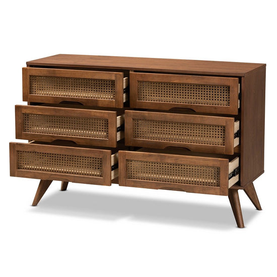 Load image into Gallery viewer, Baxton Studio Barrett Mid Century Modern Walnut Brown Finished Wood And Synthetic Rattan 6 Drawer Dresser - lily &amp;amp; onyx

