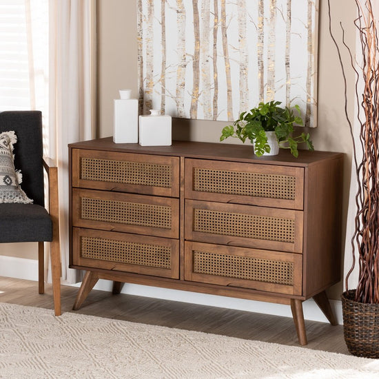 Load image into Gallery viewer, Baxton Studio Barrett Mid Century Modern Walnut Brown Finished Wood And Synthetic Rattan 6 Drawer Dresser - lily &amp;amp; onyx
