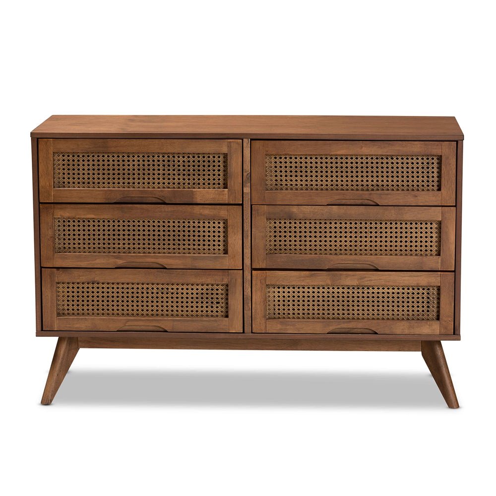 Baxton Studio Barrett Mid Century Modern Walnut Brown Finished Wood And Synthetic Rattan 6 Drawer Dresser - lily & onyx