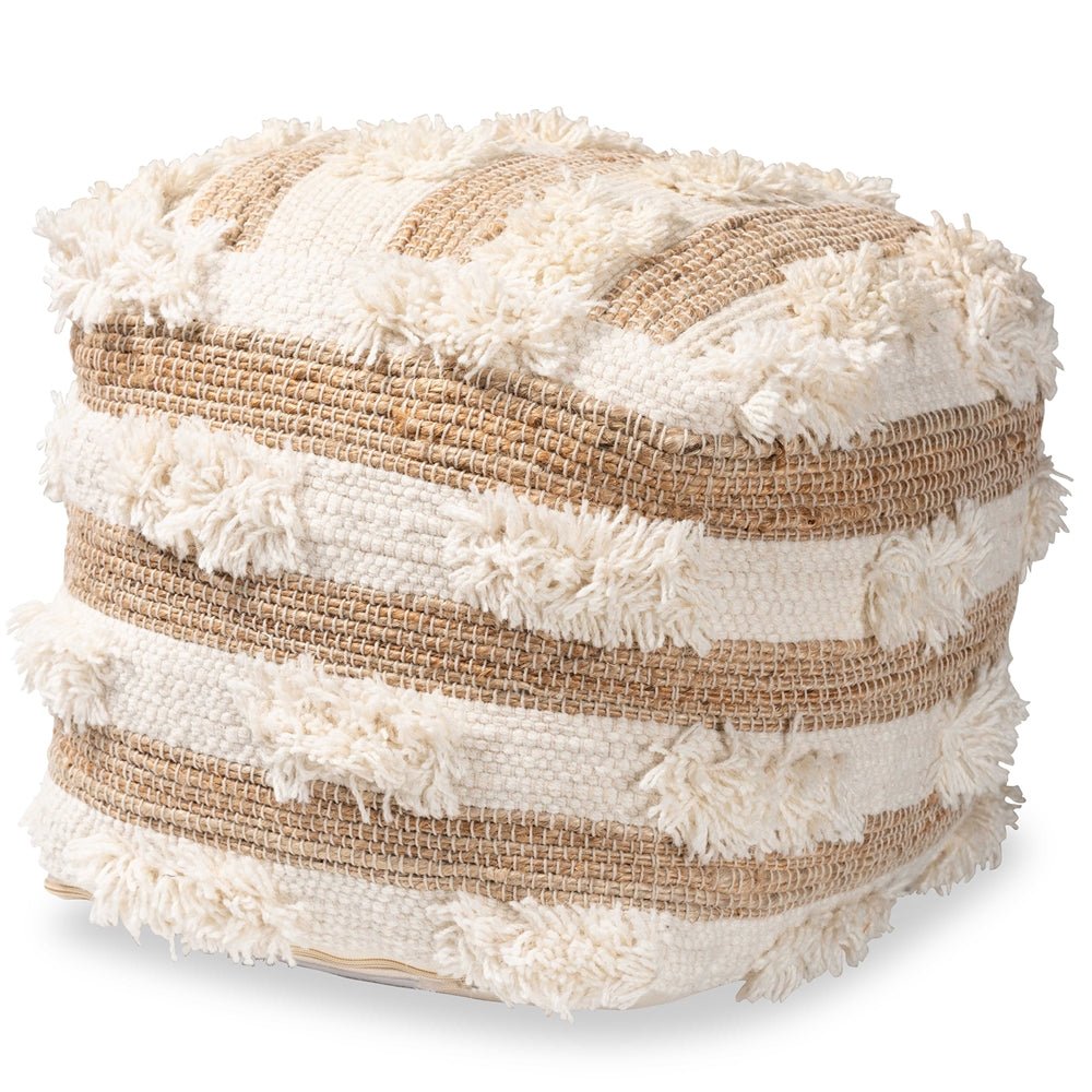 Baxton Studio Basque Modern & Contemporary Moroccan Inspired Natural & Ivory Handwoven Wool Blend Pouf Ottoman - lily & onyx