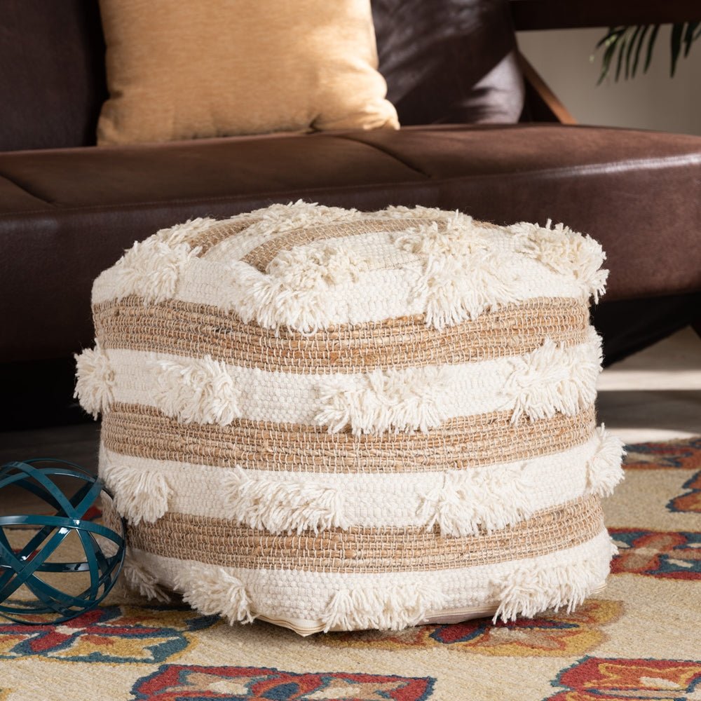 Baxton Studio Basque Modern & Contemporary Moroccan Inspired Natural & Ivory Handwoven Wool Blend Pouf Ottoman - lily & onyx