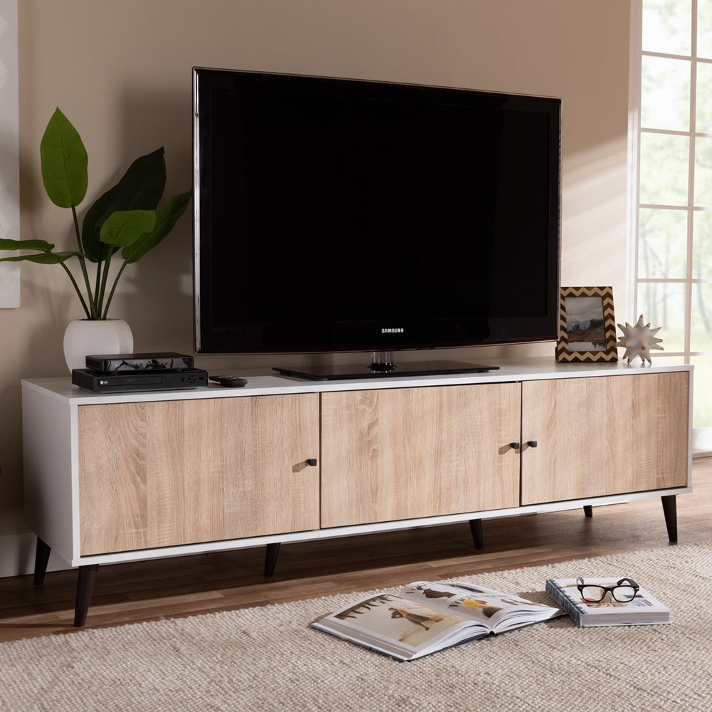 Baxton Studio Bastien Mid Century Modern White And Light Oak 6 Shelf Tv Stand - lily & onyx