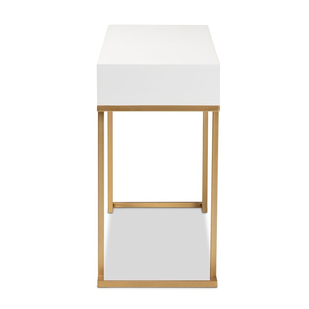 
                      
                        Baxton Studio Beagan Modern And Contemporary White Finished Wood And Gold Metal 2 Drawer Console Table - lily & onyx
                      
                    