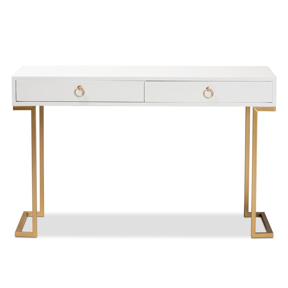 Baxton Studio Beagan Modern And Contemporary White Finished Wood And Gold Metal 2 Drawer Console Table - lily & onyx