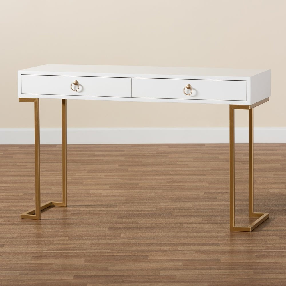
                      
                        Baxton Studio Beagan Modern And Contemporary White Finished Wood And Gold Metal 2 Drawer Console Table - lily & onyx
                      
                    