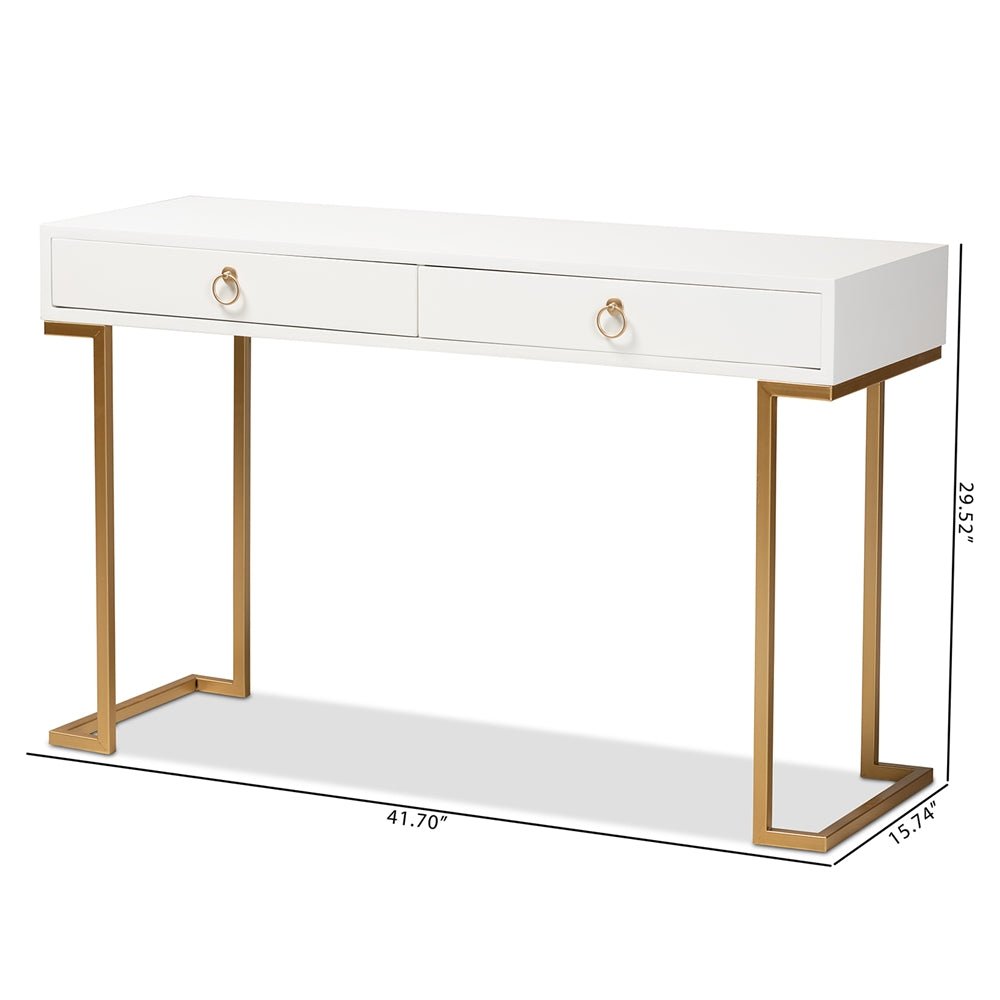 
                      
                        Baxton Studio Beagan Modern And Contemporary White Finished Wood And Gold Metal 2 Drawer Console Table - lily & onyx
                      
                    