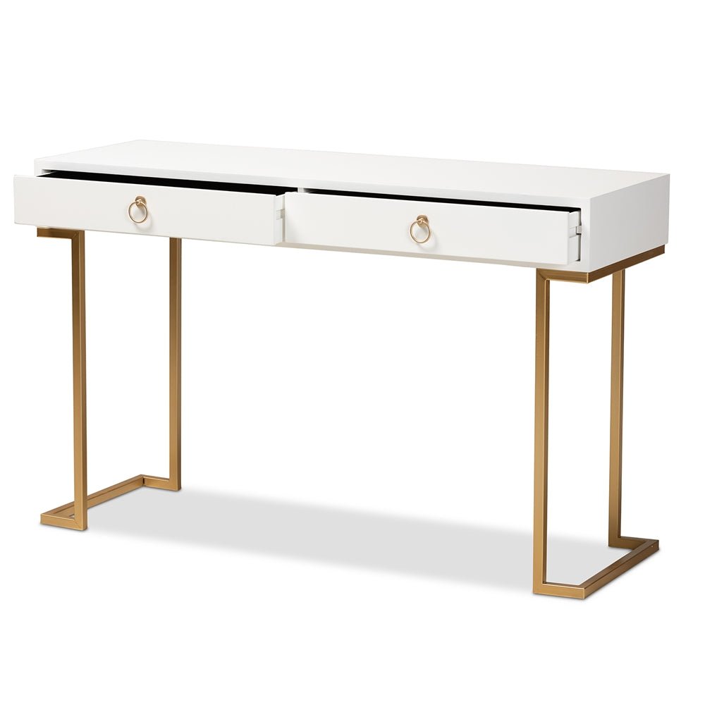 
                      
                        Baxton Studio Beagan Modern And Contemporary White Finished Wood And Gold Metal 2 Drawer Console Table - lily & onyx
                      
                    