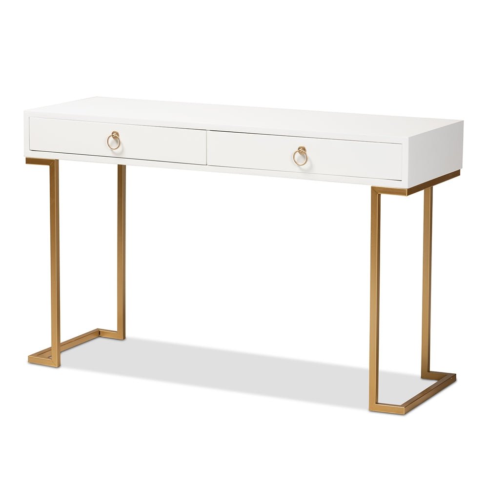 
                      
                        Baxton Studio Beagan Modern And Contemporary White Finished Wood And Gold Metal 2 Drawer Console Table - lily & onyx
                      
                    