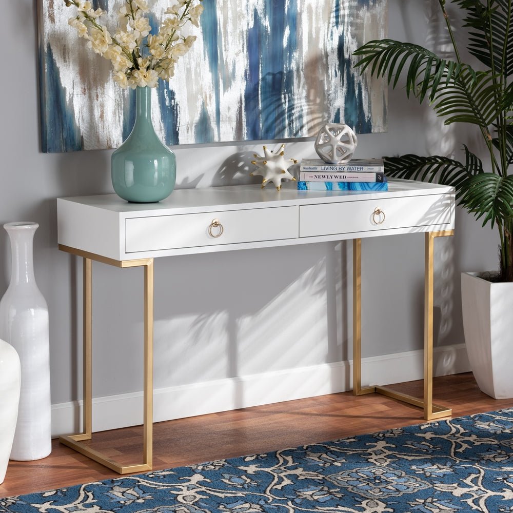 Baxton Studio Beagan Modern And Contemporary White Finished Wood And Gold Metal 2 Drawer Console Table - lily & onyx