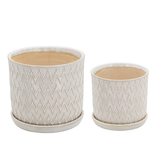 Sagebrook Home Beige Chevron Planter With Saucer, Set Of 2 - lily & onyx
