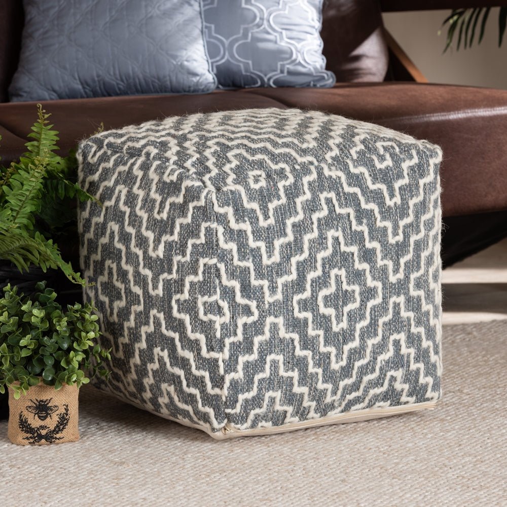 Baxton Studio Benjamin Modern And Contemporary Bohemian Gray And Ivory Handwoven Cotton Blend Pouf Ottoman - lily & onyx