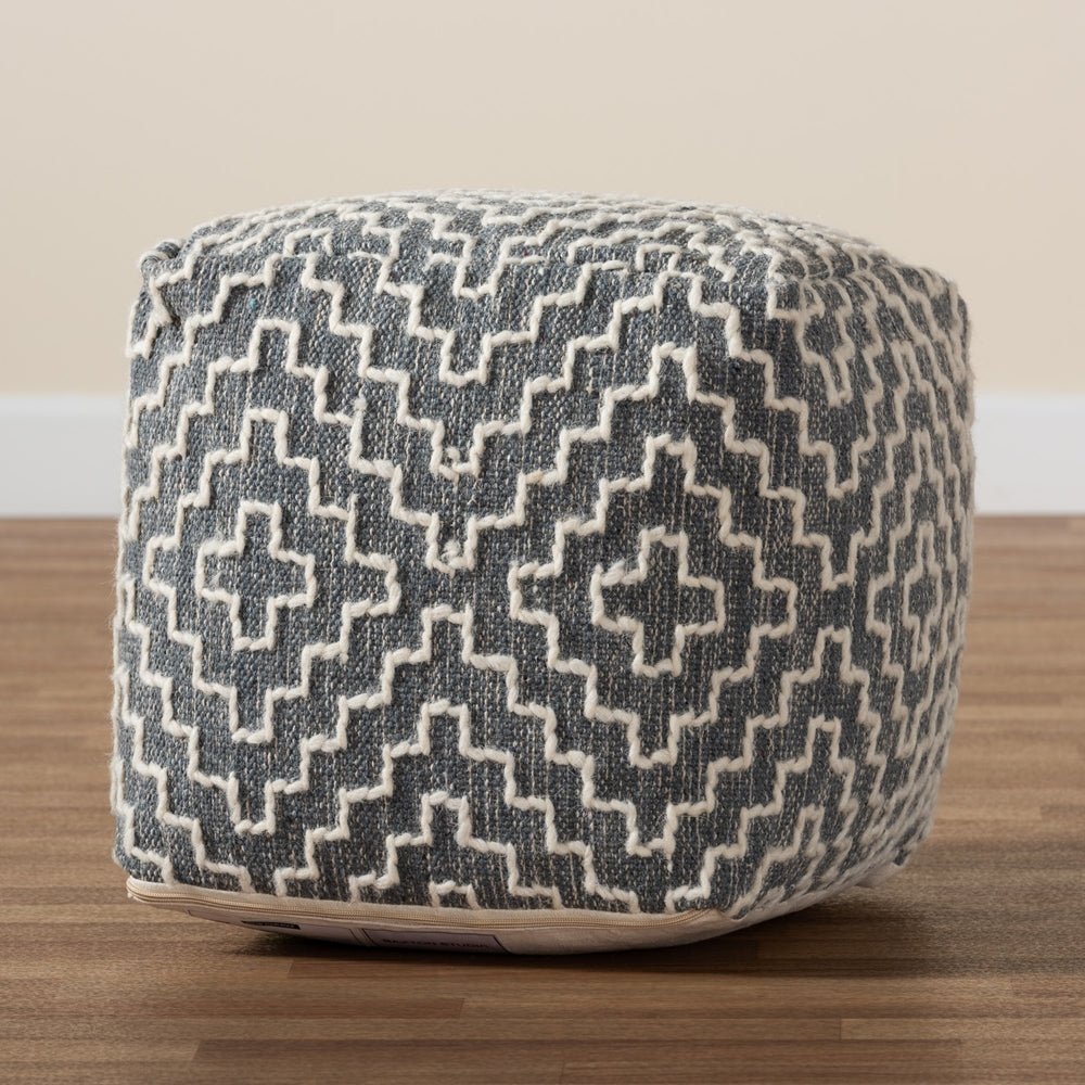 Baxton Studio Benjamin Modern And Contemporary Bohemian Gray And Ivory Handwoven Cotton Blend Pouf Ottoman - lily & onyx