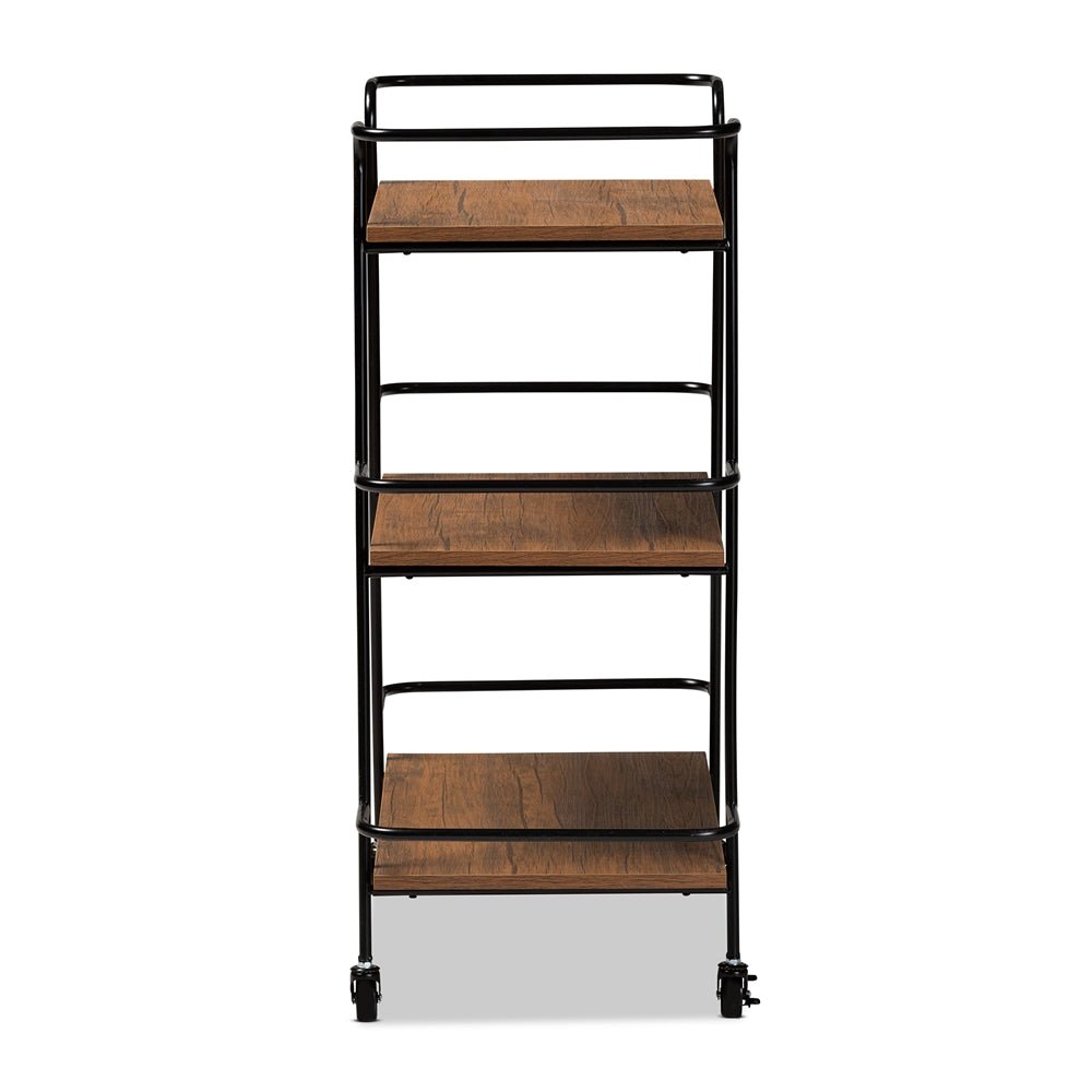 
                      
                        Baxton Studio Bernard Rustic Industrial Black Metal And Walnut Finished Wood 3 Tier Small Mobile Wine Bar Cart - lily & onyx
                      
                    