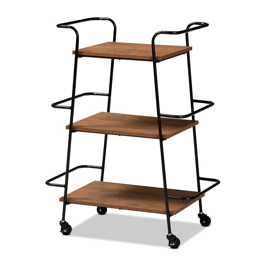 
                      
                        Baxton Studio Bernard Rustic Industrial Black Metal And Walnut Finished Wood 3 Tier Small Mobile Wine Bar Cart - lily & onyx
                      
                    