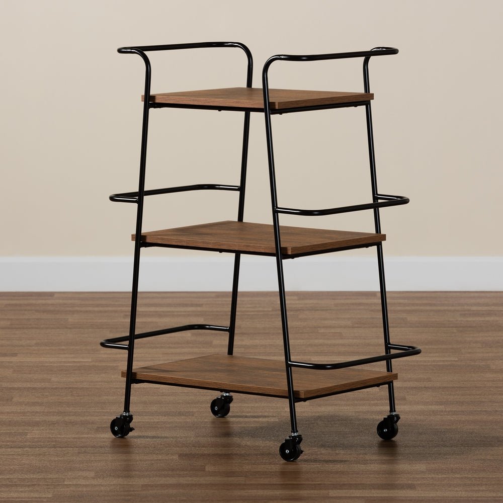 
                      
                        Baxton Studio Bernard Rustic Industrial Black Metal And Walnut Finished Wood 3 Tier Small Mobile Wine Bar Cart - lily & onyx
                      
                    