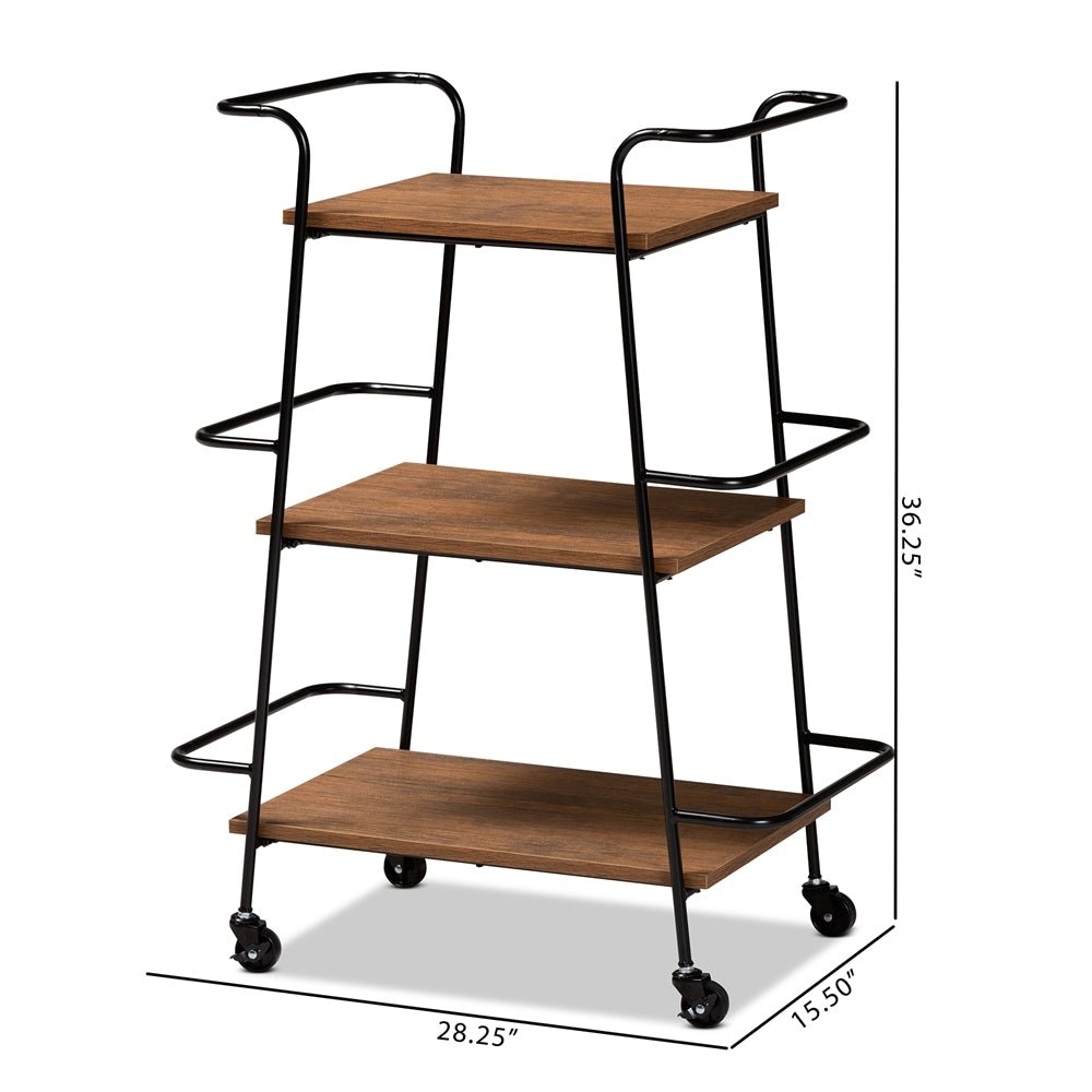 
                      
                        Baxton Studio Bernard Rustic Industrial Black Metal And Walnut Finished Wood 3 Tier Small Mobile Wine Bar Cart - lily & onyx
                      
                    