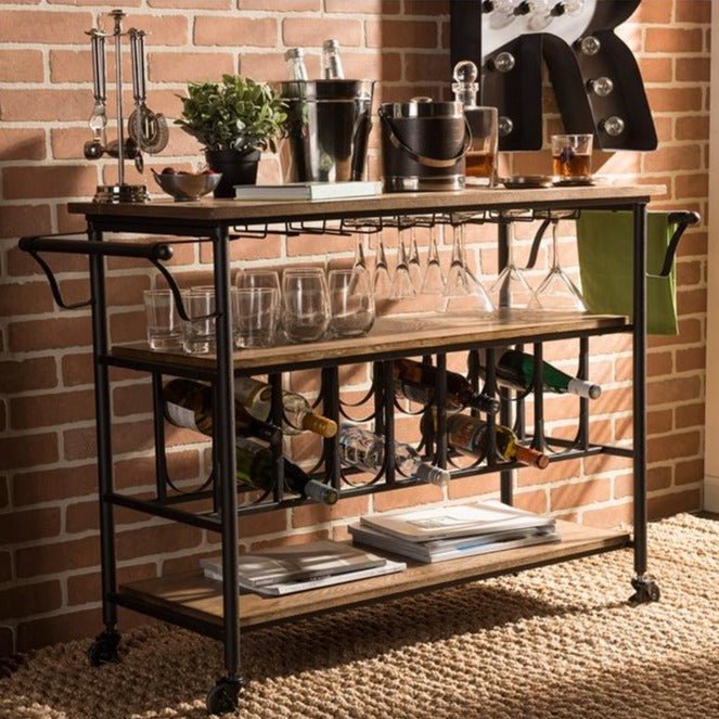 Baxton Studio Bradford Rustic Industrial Antique Black Metal Distressed Wood Kitchen Bar Serving Wine Cart - lily & onyx