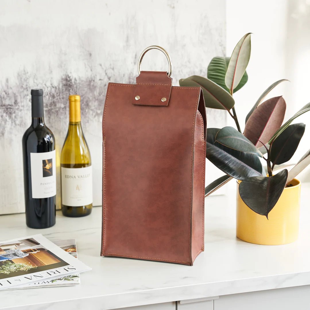 Viski Brown Faux Leather Double Bottle Wine Tote - lily & onyx